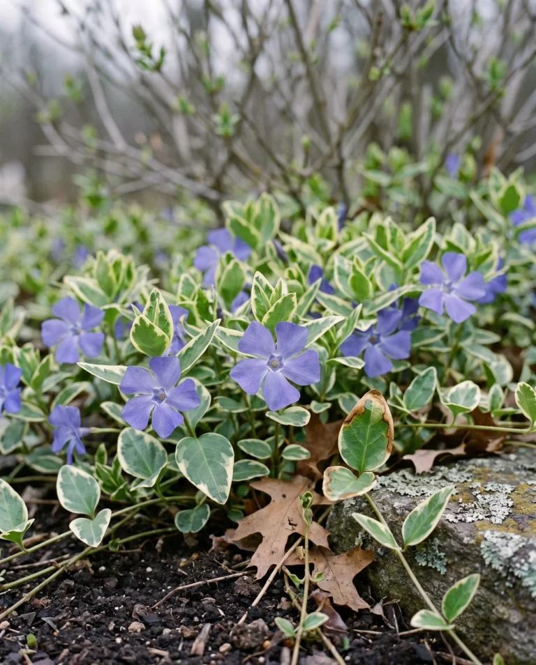 Variegated periwinkle groundcover with cream-edged glossy leaves and blue flowers under a shrub