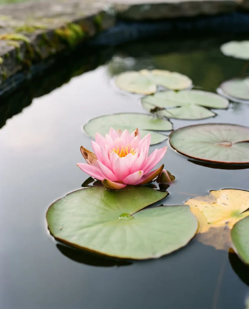A pink hardy water lily open among floating green pads on a still garden pond in morning light