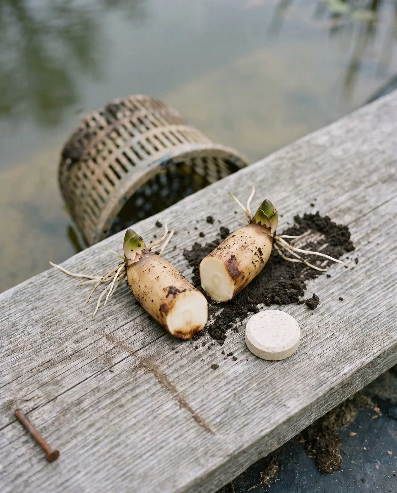 A lifted water lily rhizome on a board cut into two pieces each with a growing tip and an aquatic fertilizer tablet beside