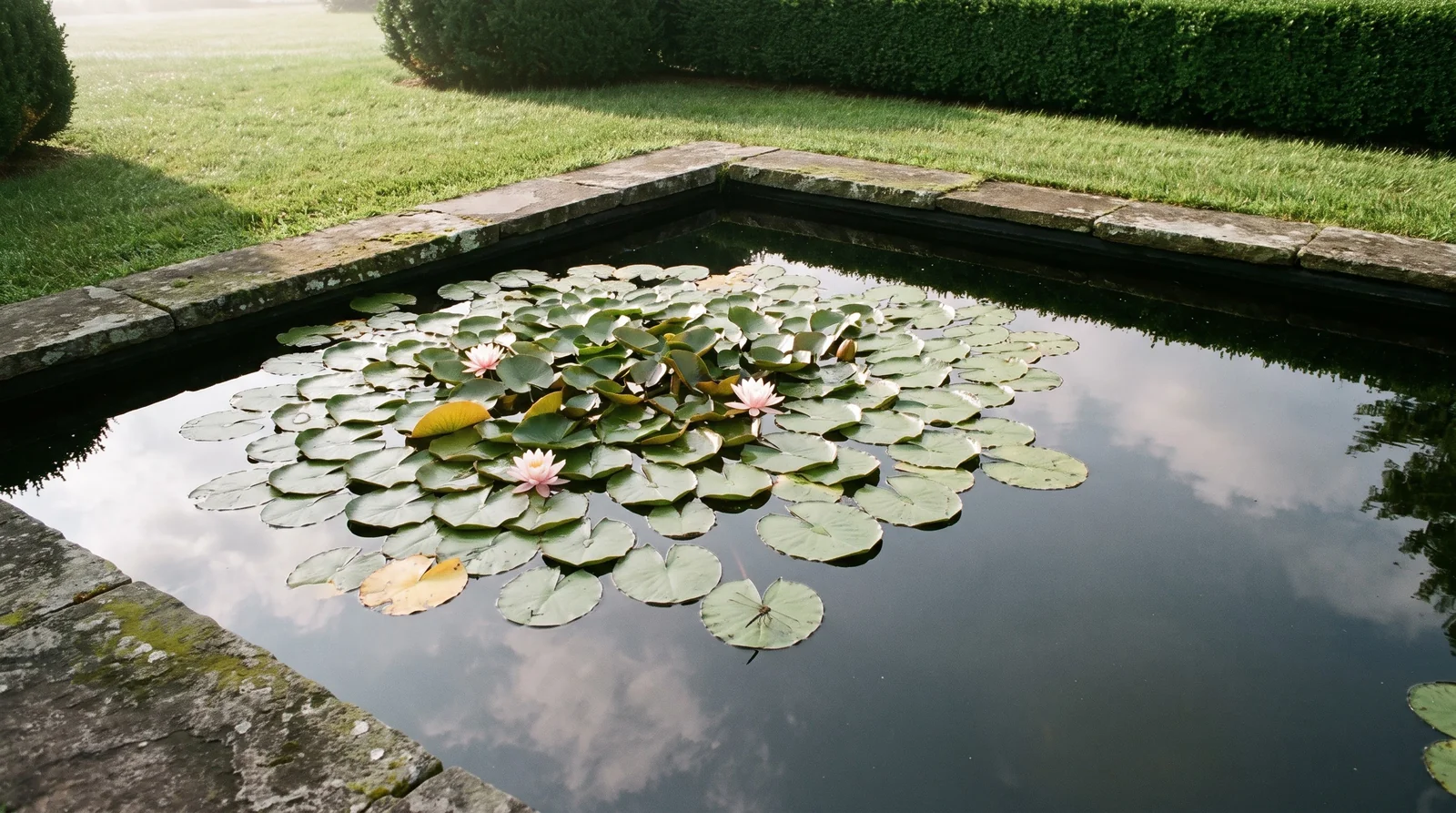 Wide view of a garden pond showing how much surface one water lily plant covers with its circle of pads