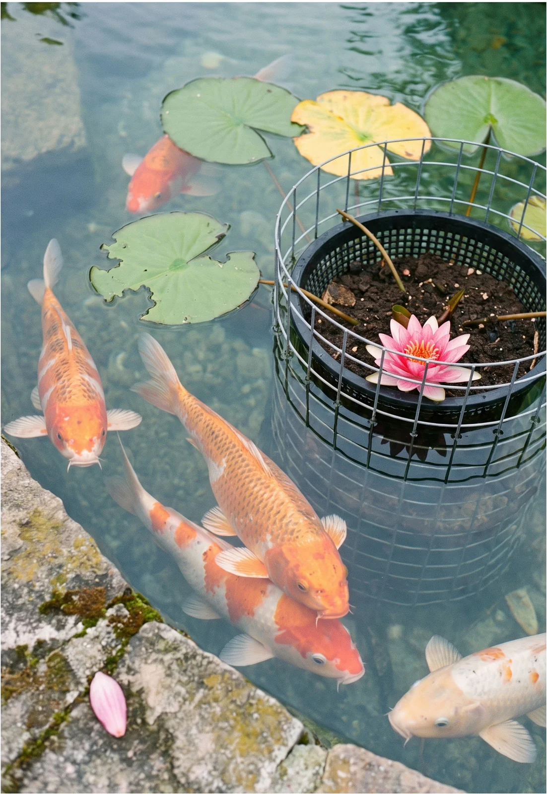 Orange and white koi swimming under water lily pads with a wire cage around the planting basket in a clear pond