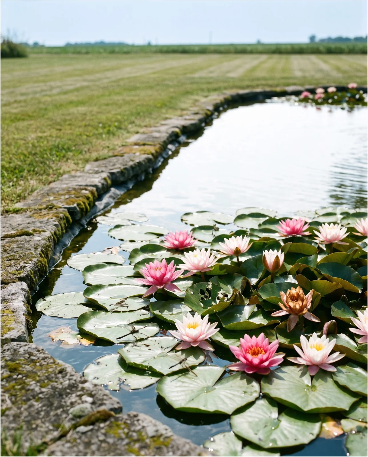 A water lily pond in open sun with many flowers open and no tree shade anywhere near