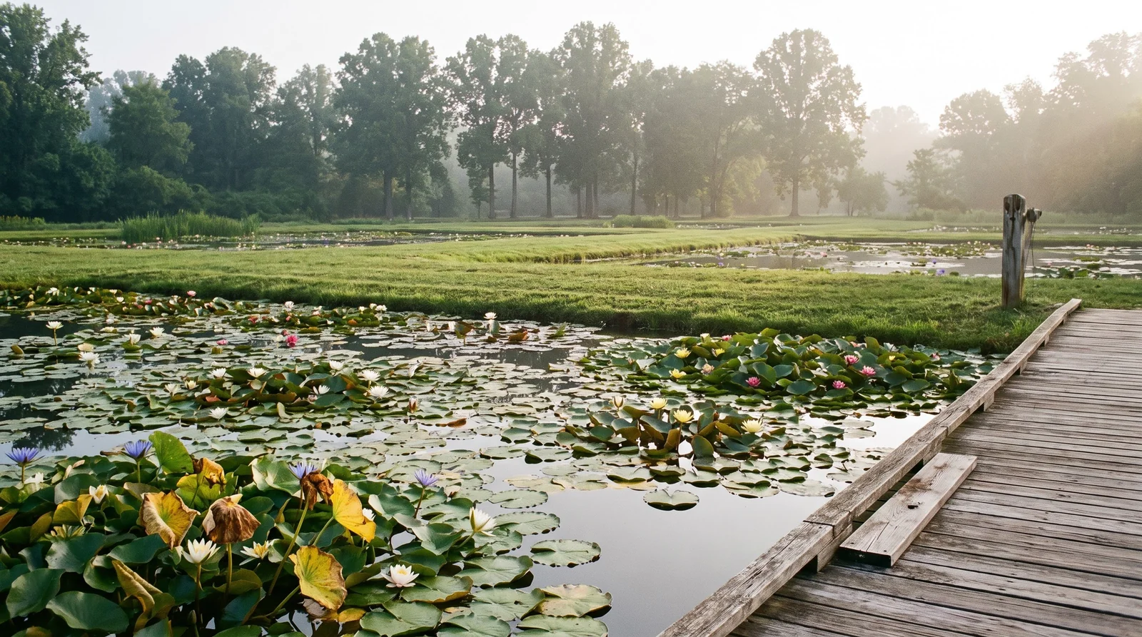 Wide view of display ponds at a public aquatic garden covered in water lilies in many colors with a boardwalk