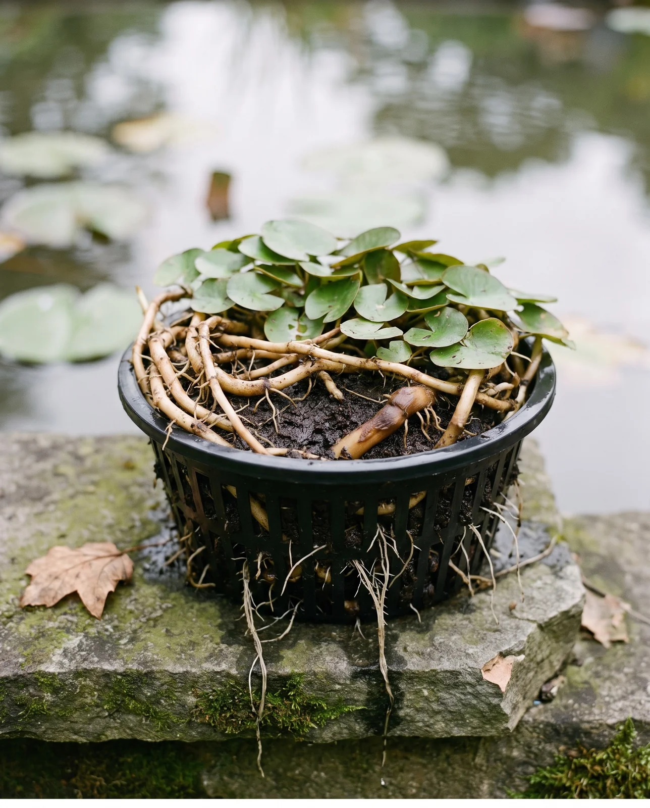 A lifted water lily basket on the pond edge packed with tangled rhizomes pushing out of the soil