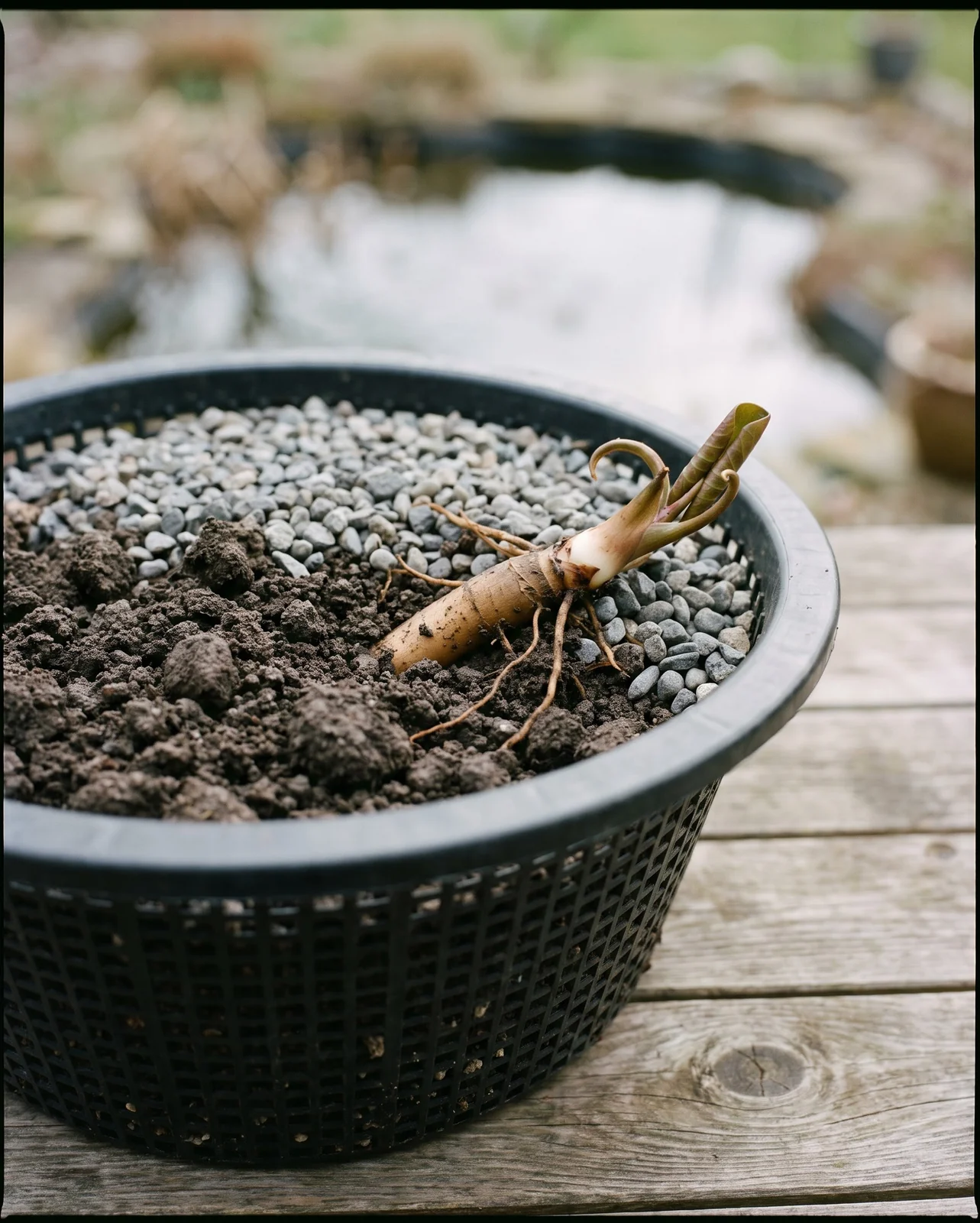 A wide planting basket of heavy loam with a water lily rhizome set at an angle and a layer of pea gravel on top