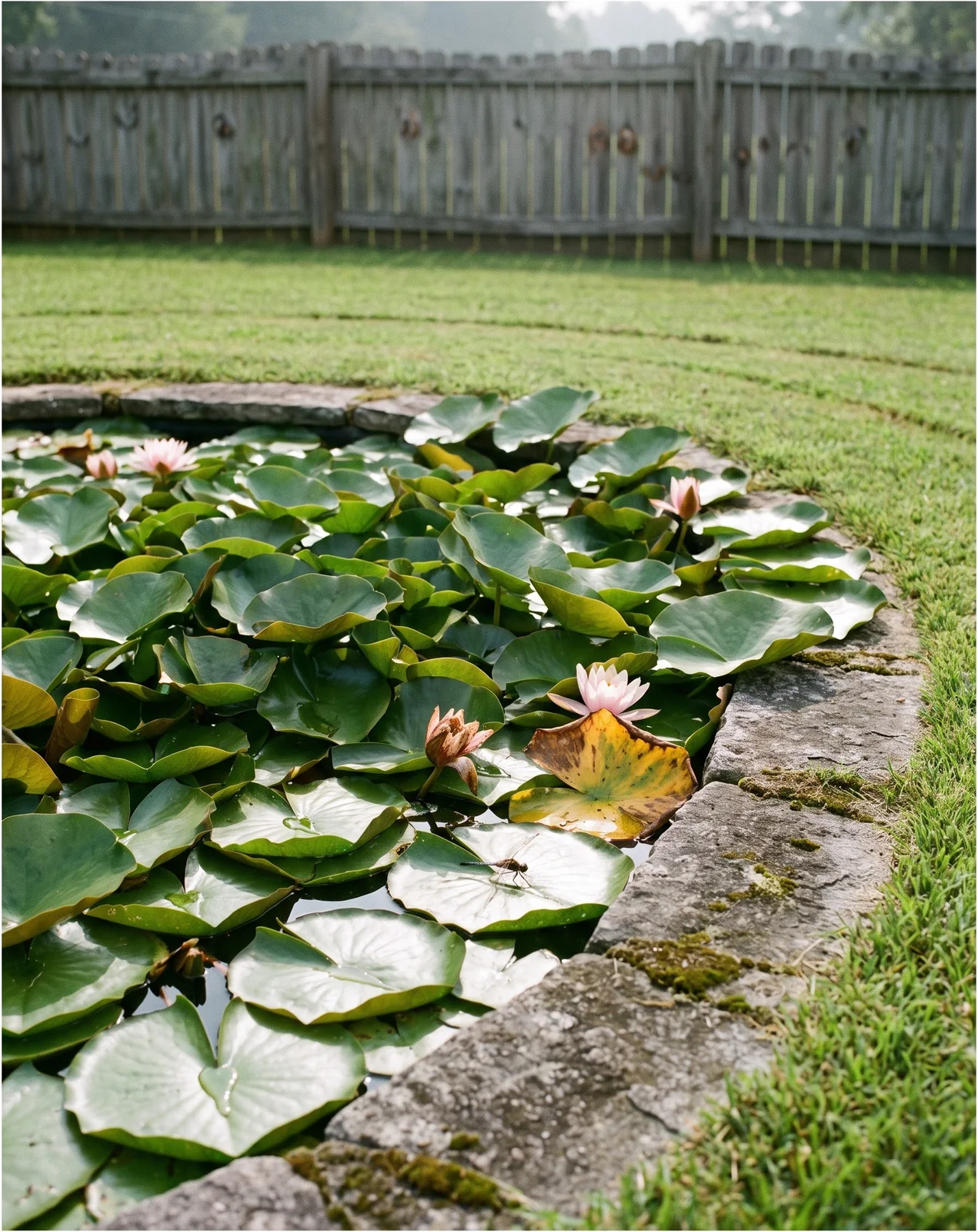 A small pond completely covered edge to edge in water lily pads with only a few flowers and no open water
