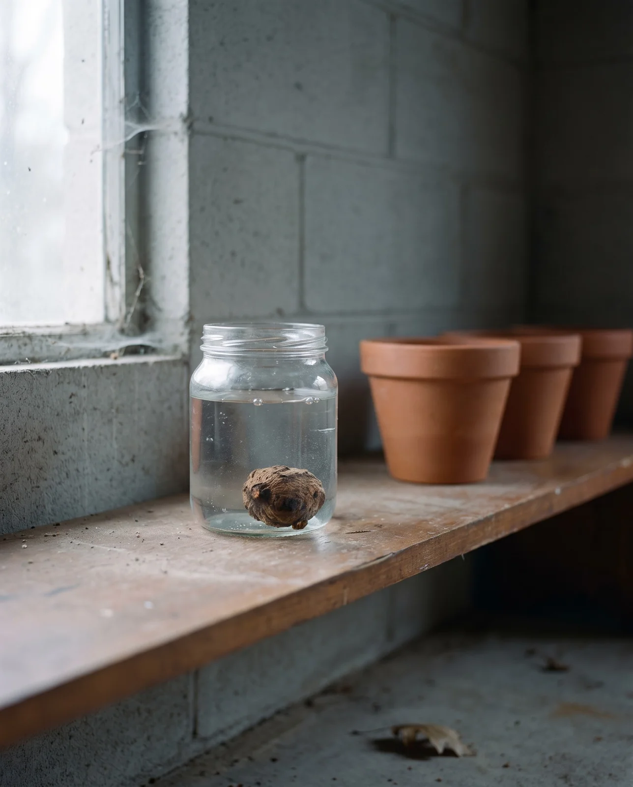 A tropical water lily tuber stored in a jar of water on a cool garage shelf beside unmarked clay pots in winter