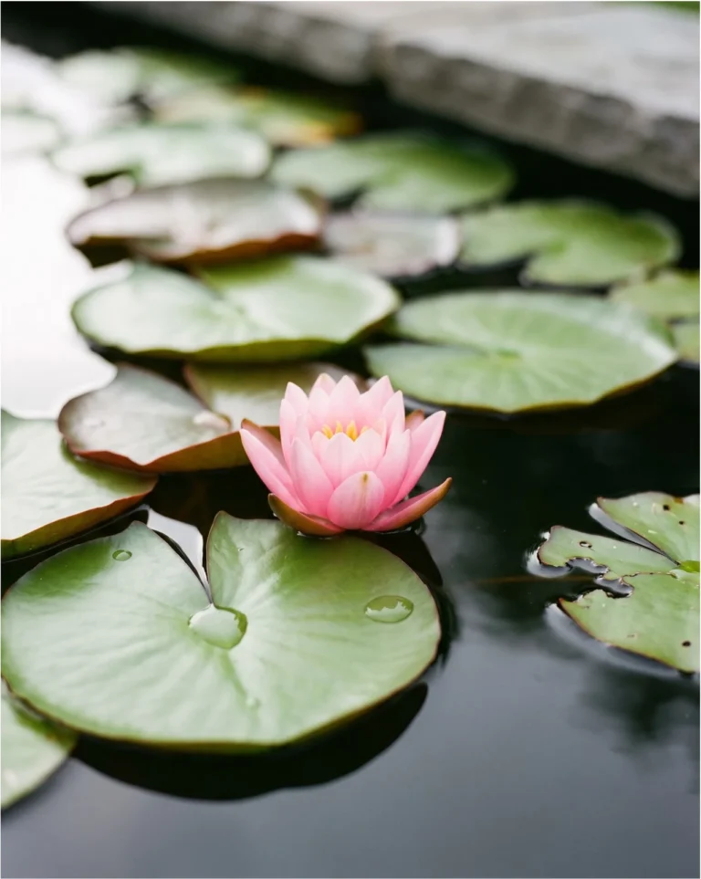 A hardy water lily close up with a cupped pink flower floating on the water and smooth-edged round pads