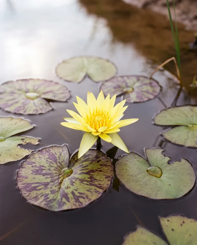 Yellow Mexican water lily close up with a yellow flower held slightly above the water and mottled pads