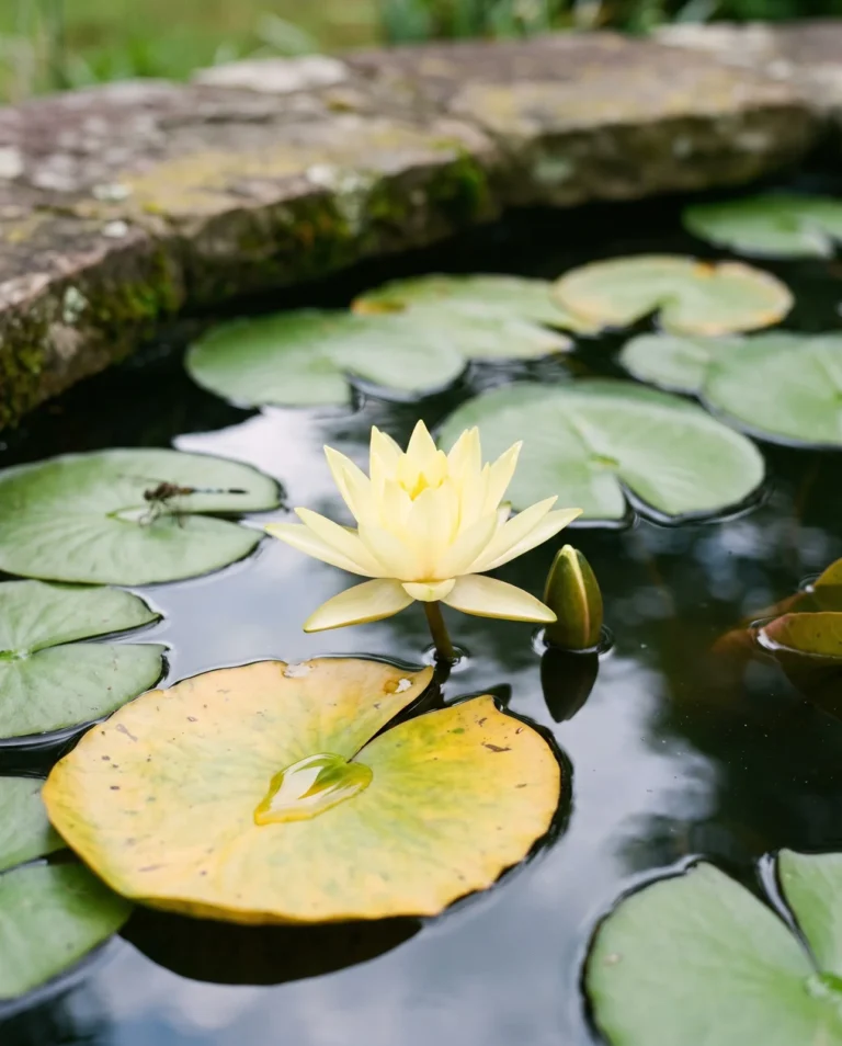 Charlene Strawn water lily with a soft yellow star-shaped flower held above the water and green pads
