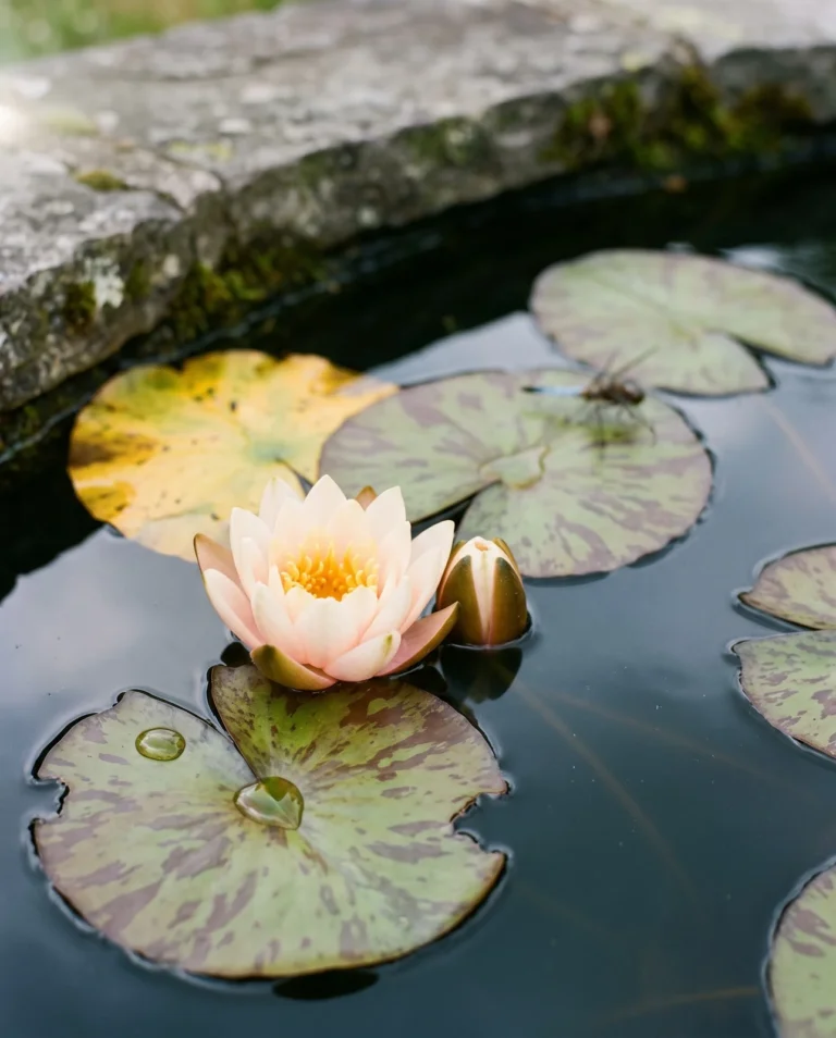 Marliacea Chromatella water lily with a soft yellow cupped flower and mottled pads on a garden pond