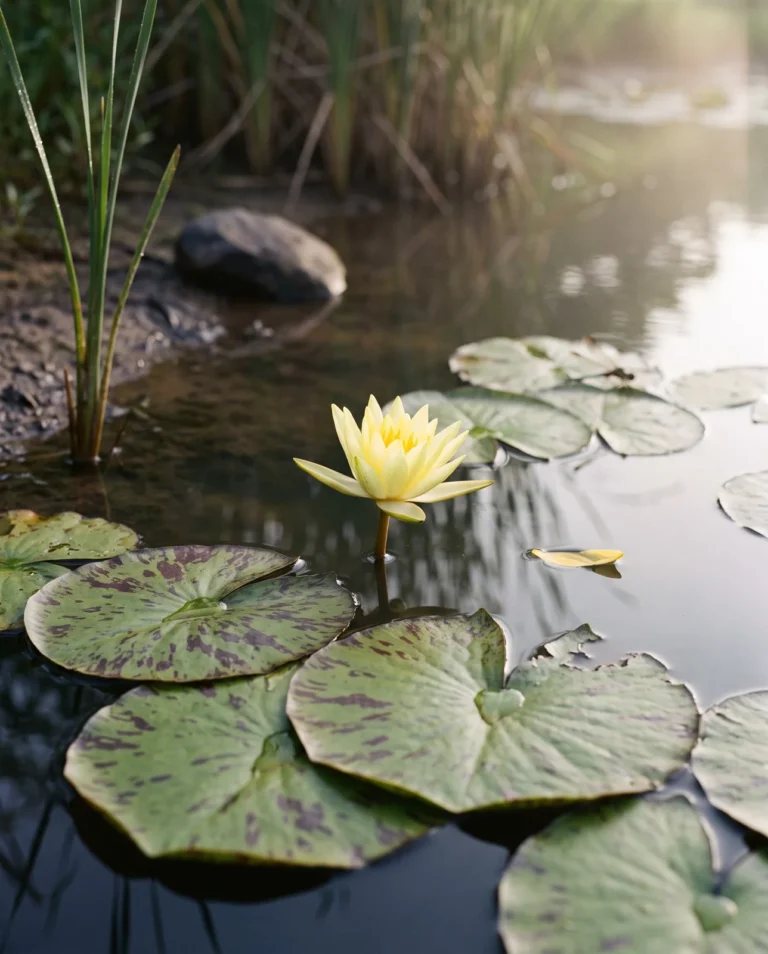Yellow Mexican water lily with a yellow flower above mottled pads spreading across a warm Southern pond