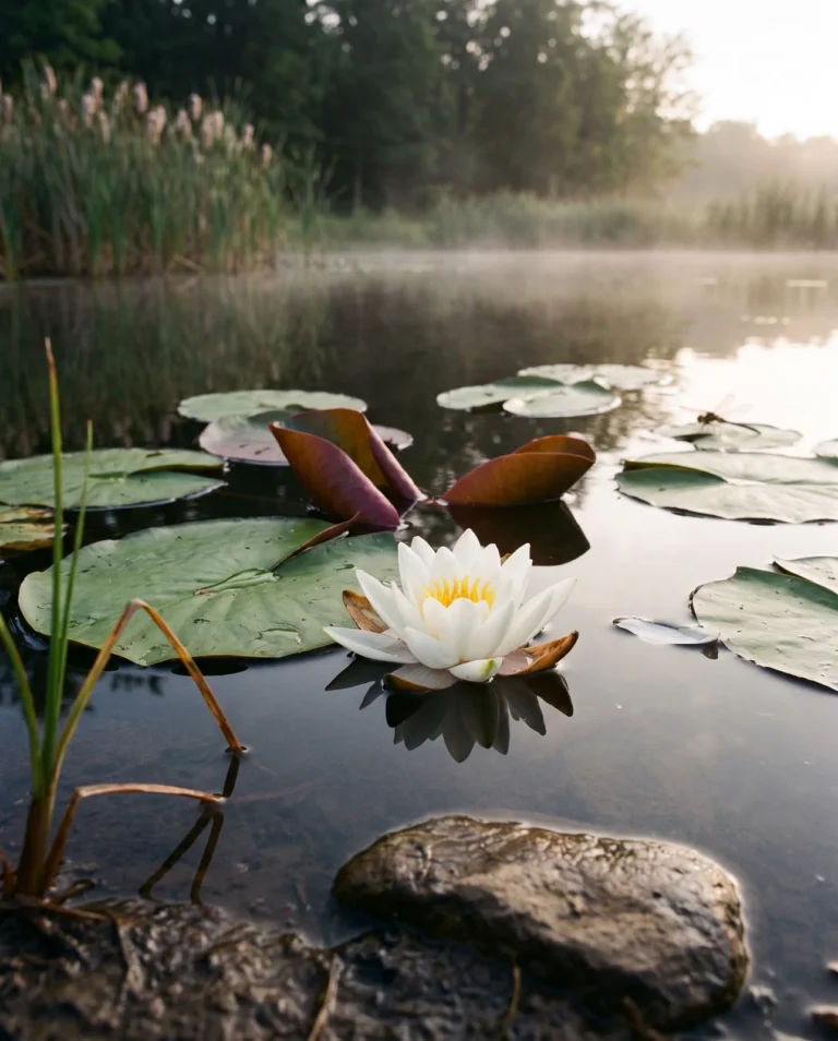 American white water lily with a fragrant white flower and round pads on a still pond with reeds behind