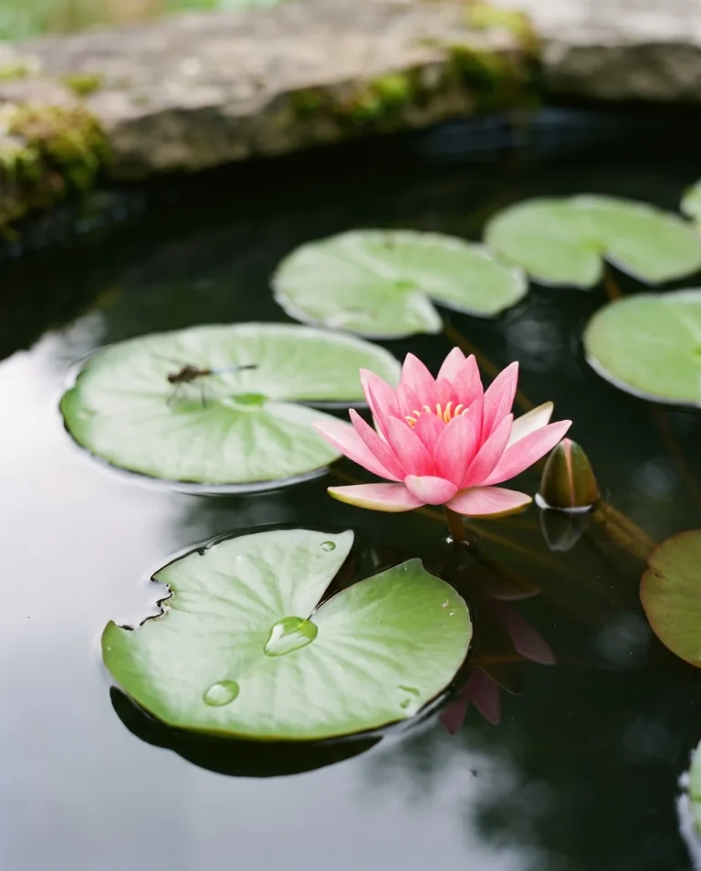 Pink Sensation water lily with a clear pink flower held above the water and round green pads on a pond