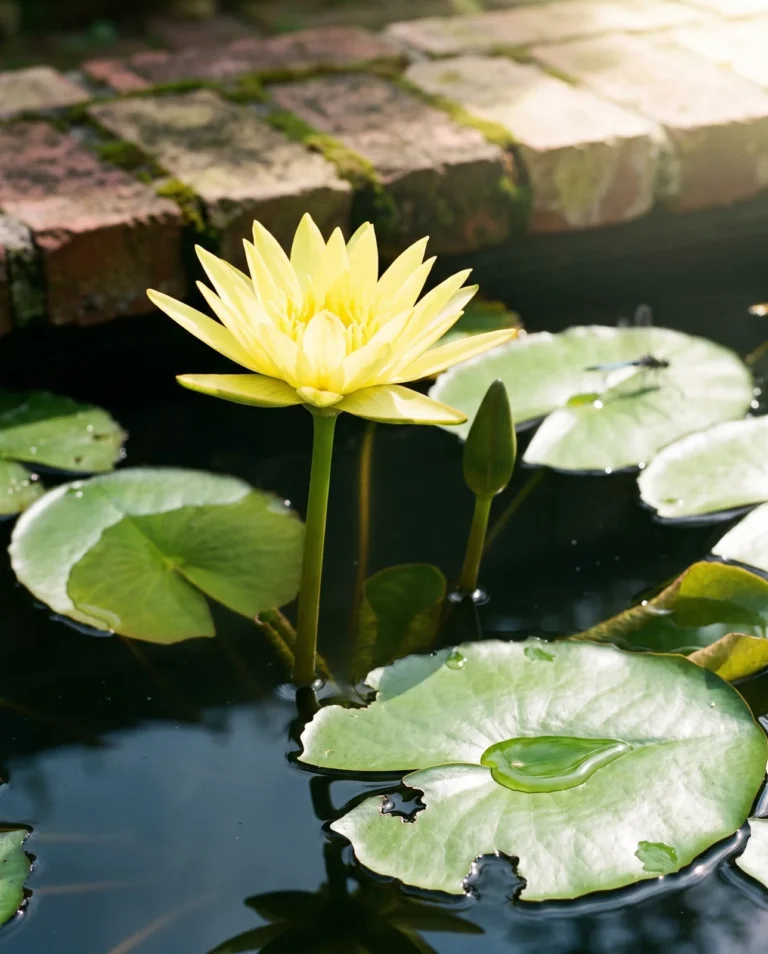 Texas Dawn water lily with a large yellow flower held above the water and green pads in a warm pond
