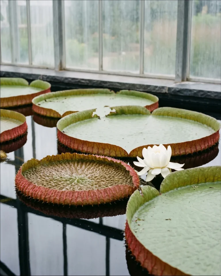 Giant Victoria water lily pads with upturned rims floating on a botanical garden pool with a white night flower