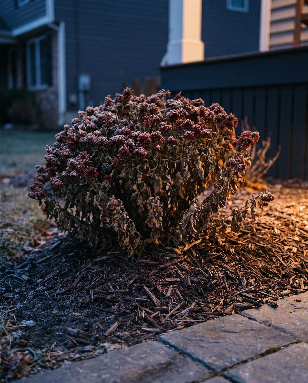 Mounded unpruned chrysanthemum clump insulated with fresh mulch ring at dusk