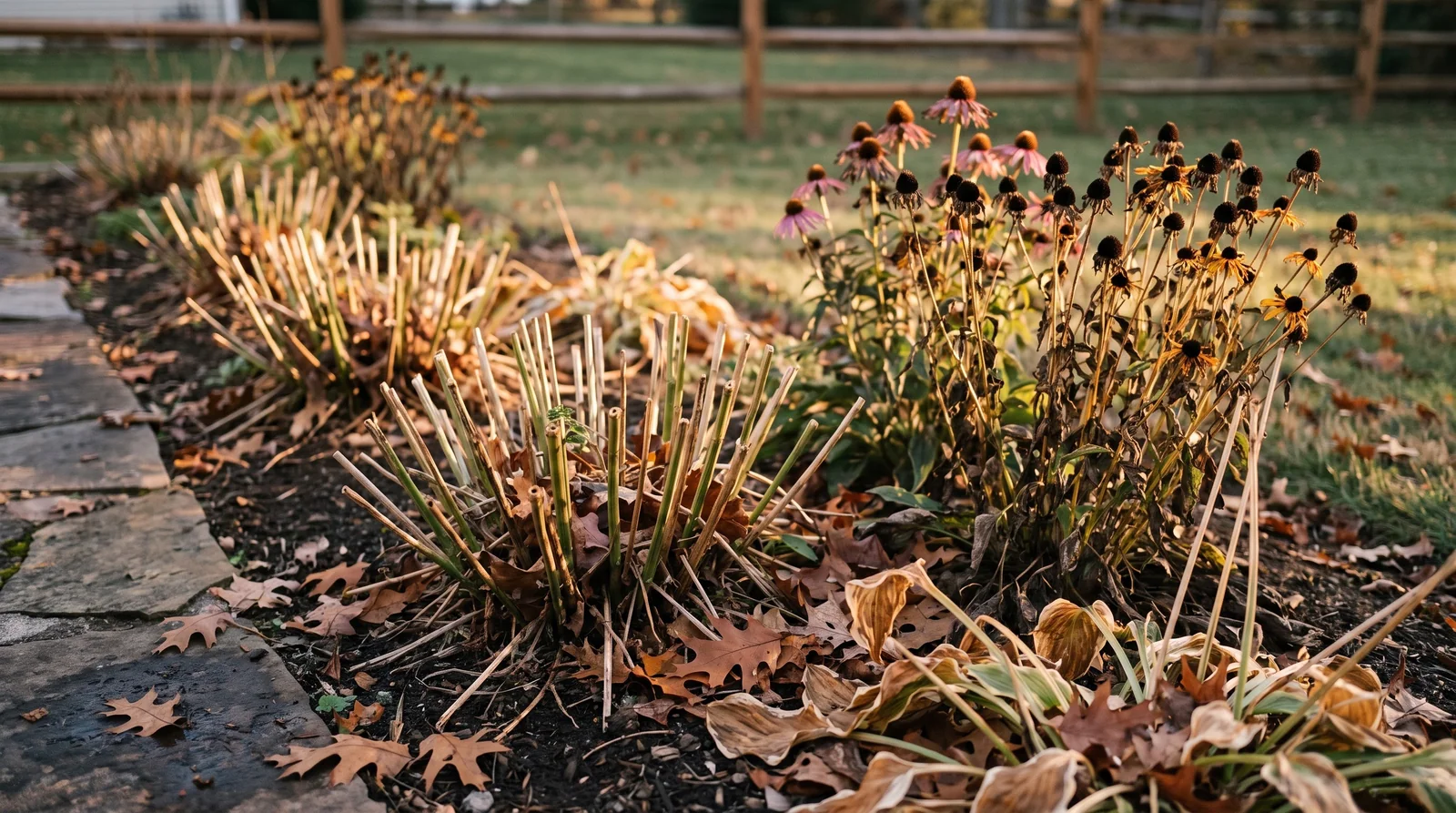 Mixed perennial border in autumn with cut stubble and standing seed heads