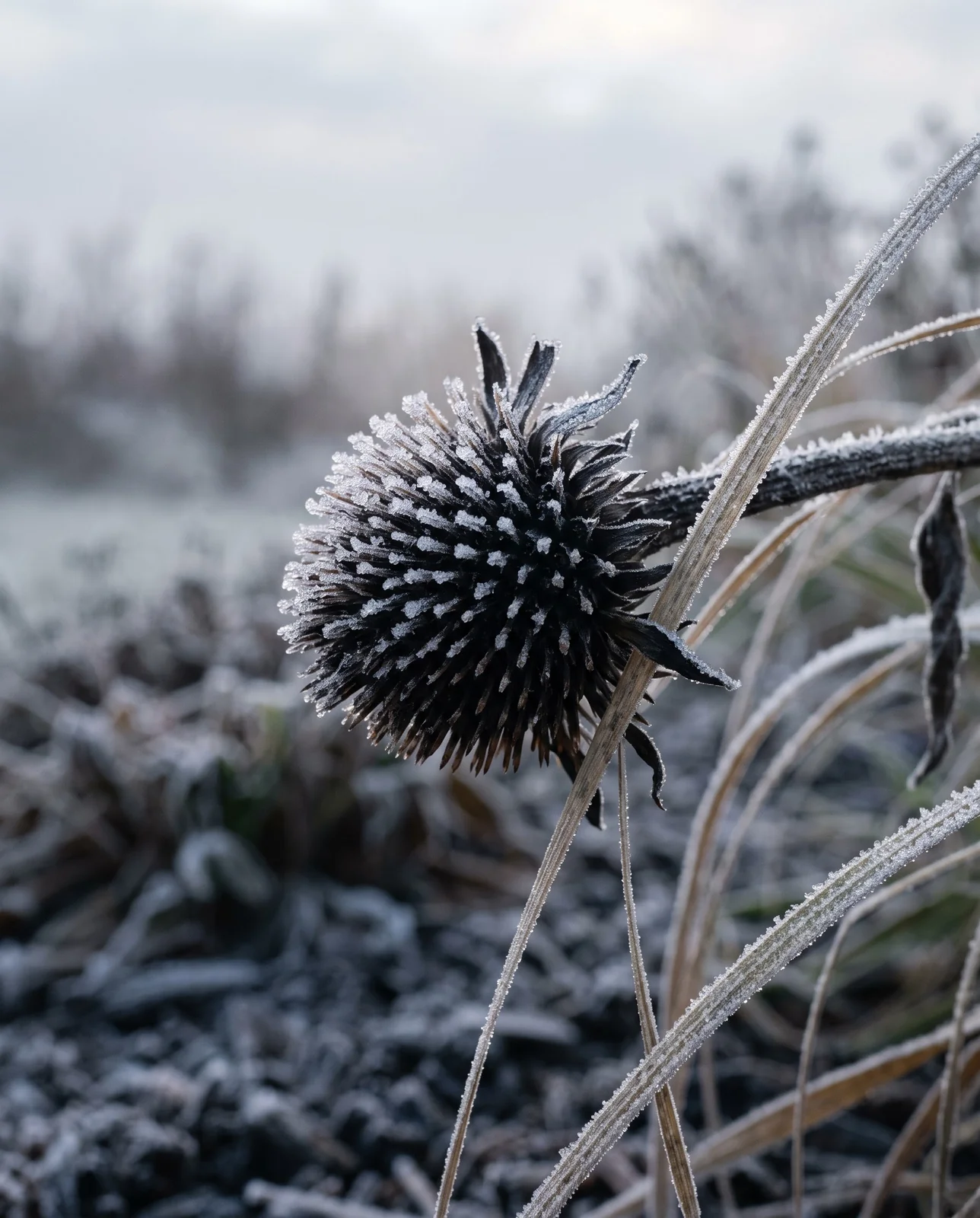 Frost crystals coating dried coneflower seed head on a freezing dawn