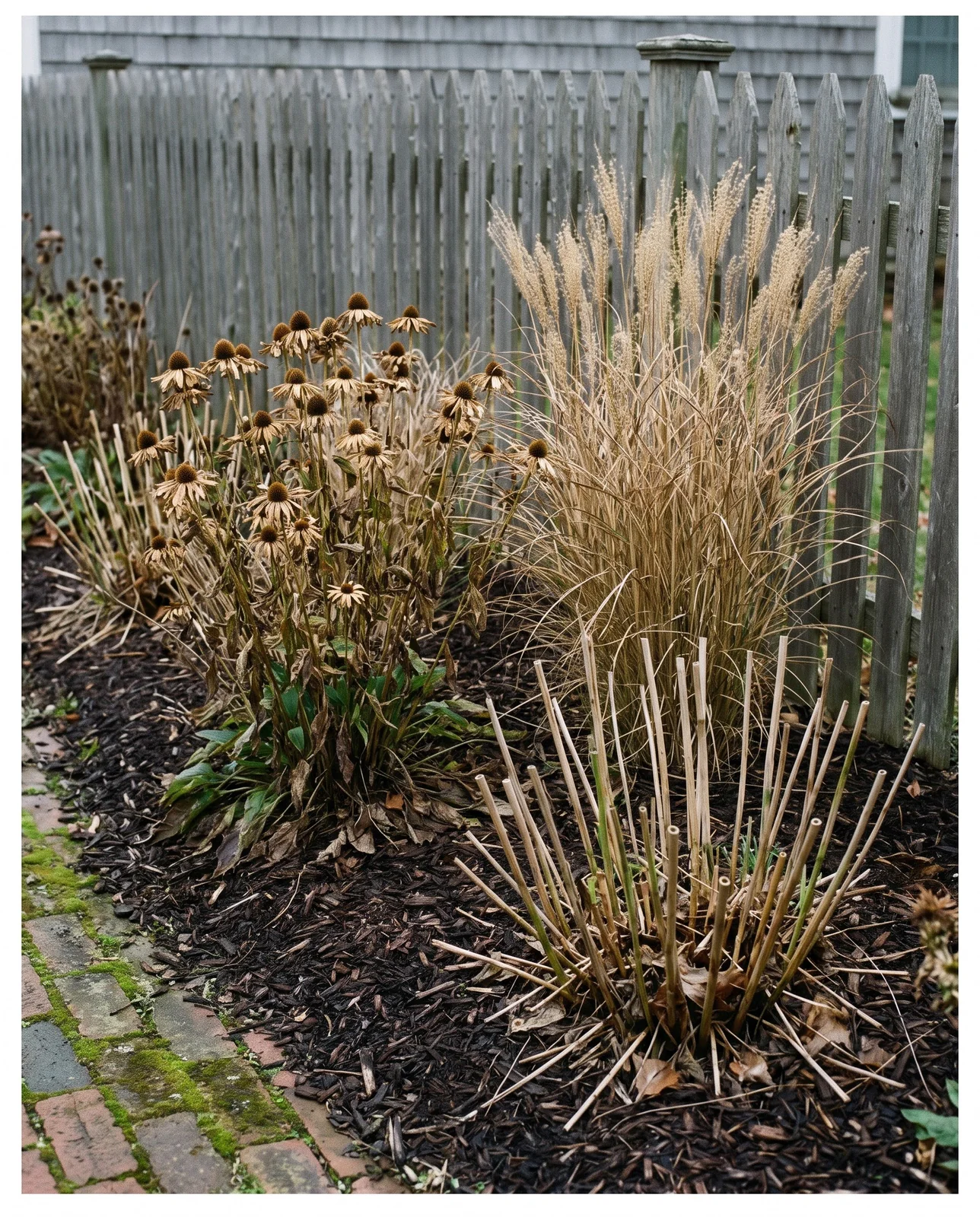Perennial garden bed neatly pruned with standing stubble and clean mulch