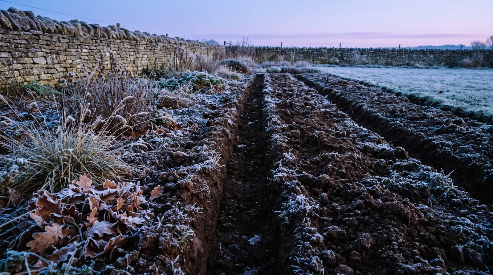 Frosted garden planting rows in cold early morning light before winter.