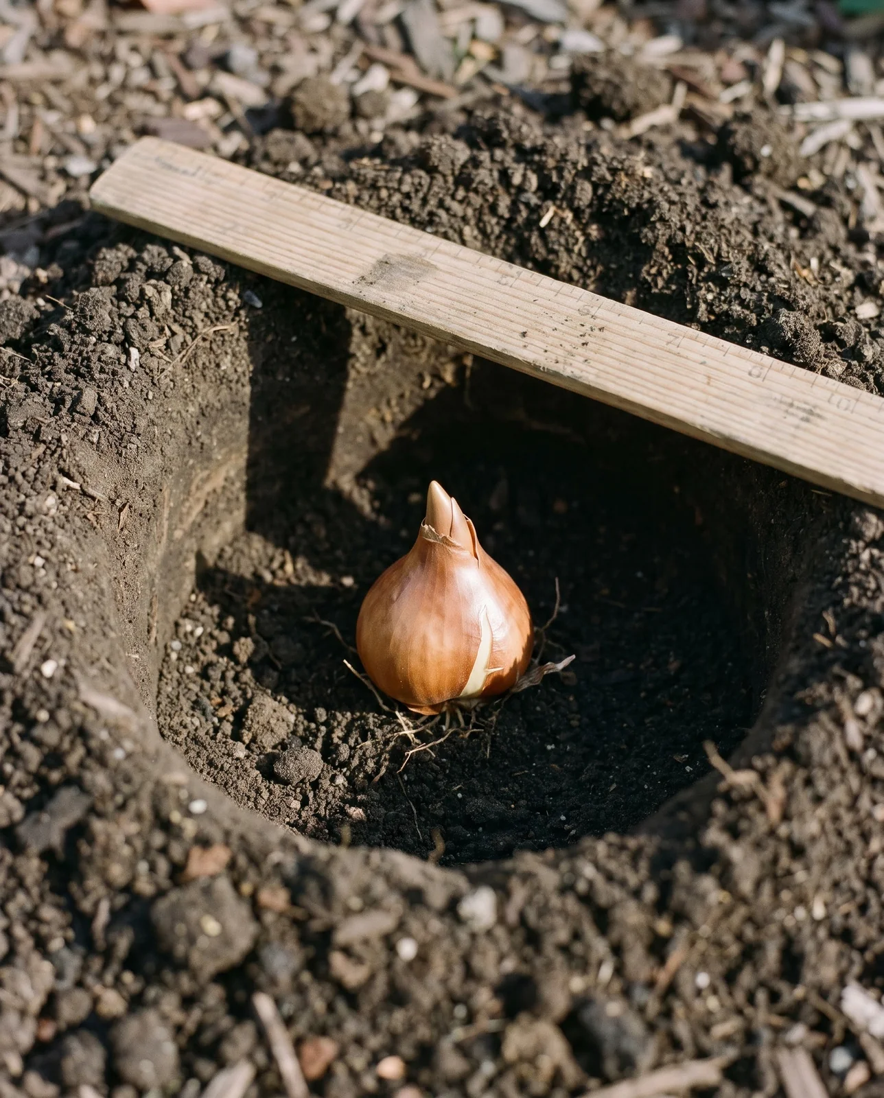 Tulip bulb planted at proper depth in garden soil with measuring stick.