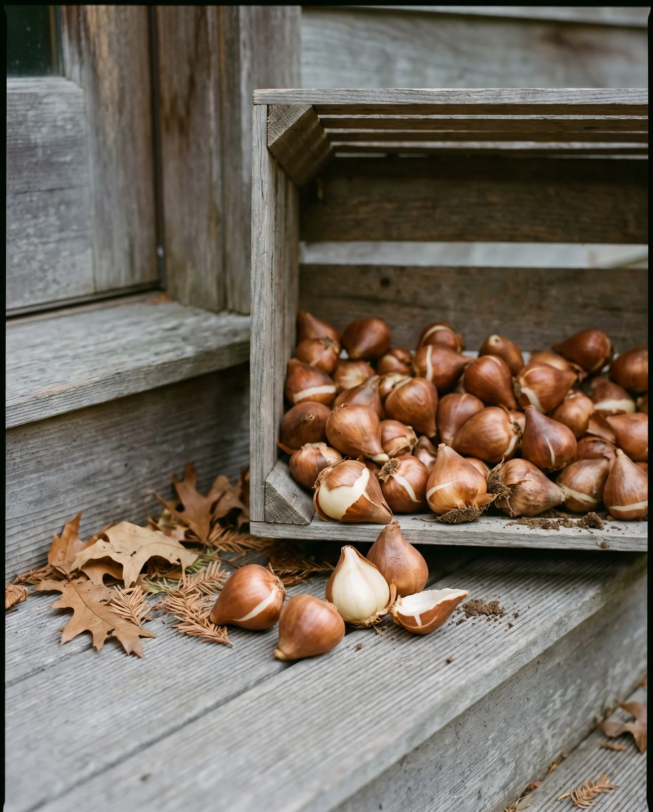 Loose tulip bulbs in a wooden crate on a porch step.