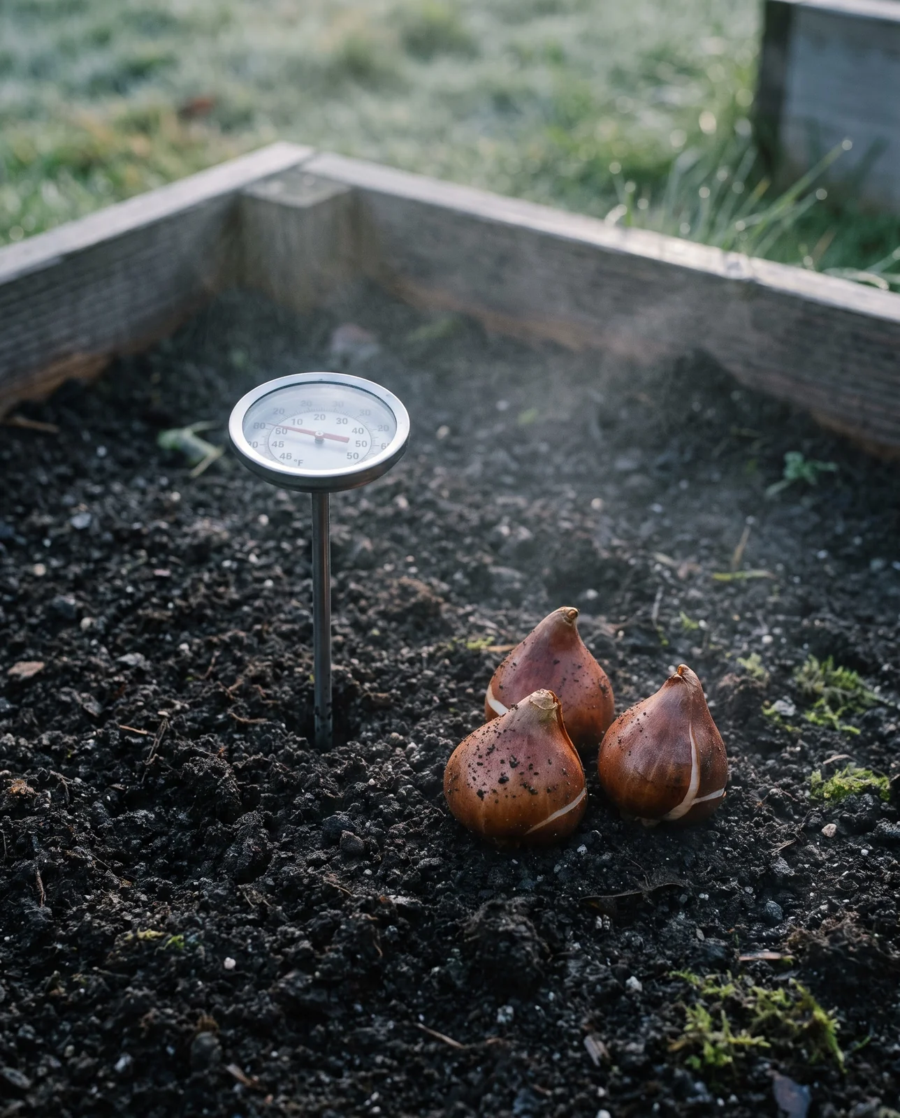Soil thermometer in garden bed showing temperature for tulip planting.