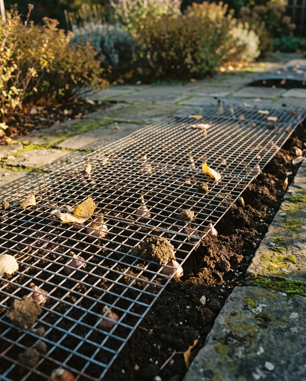 Protective wire mesh installed over planted tulip bulb trench in autumn.