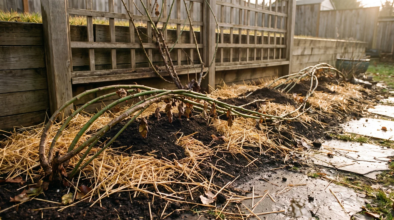 Climbing rose canes laid on ground and mulched with straw.