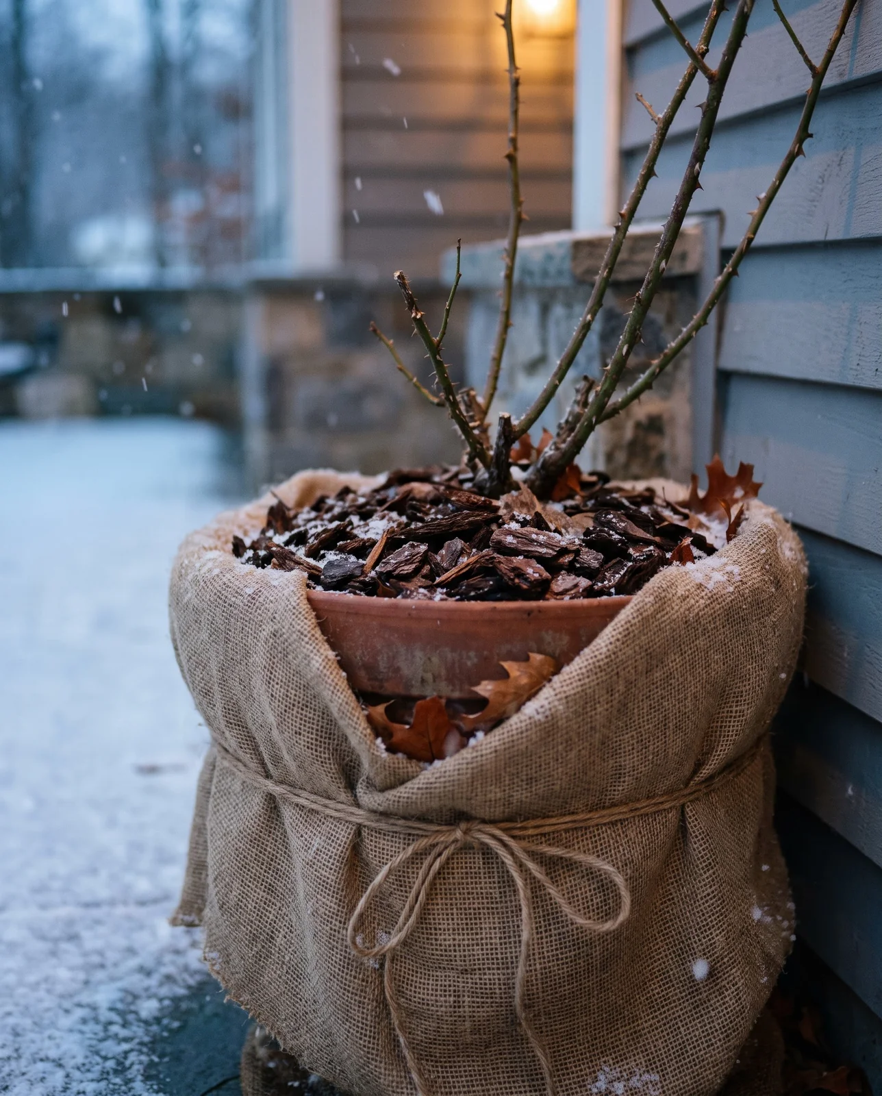 Potted rose plant wrapped in burlap and mulch on porch.