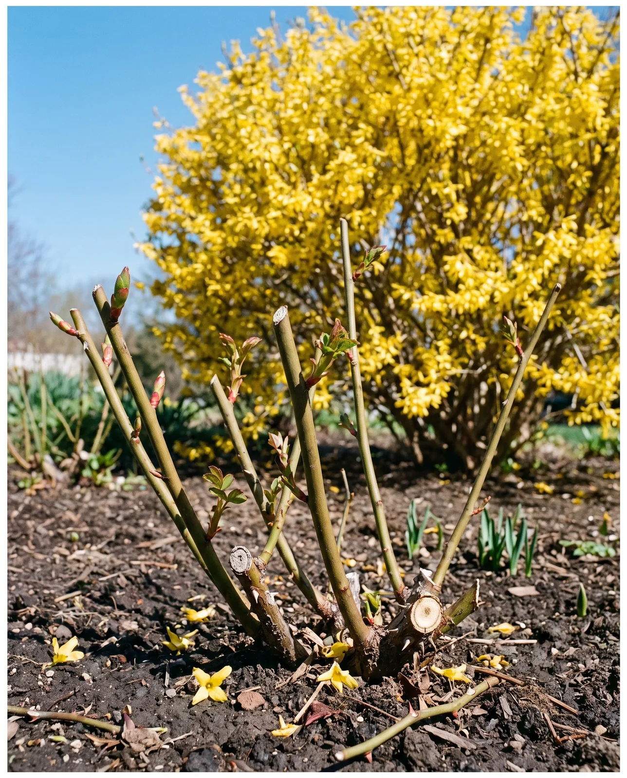 Blooming yellow forsythia bush beside an uncovered rose with spring shoots.