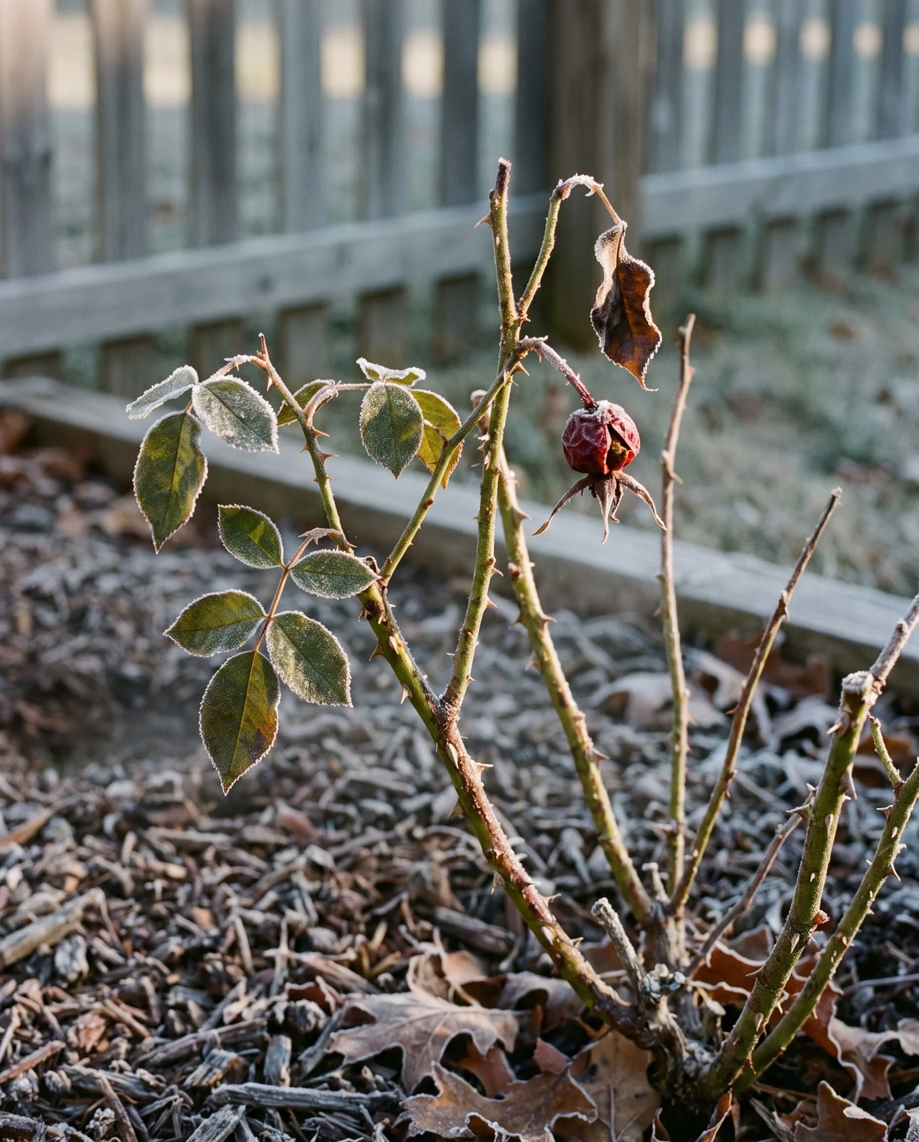 Frosted hybrid tea rose canes and curled leaves in late autumn.