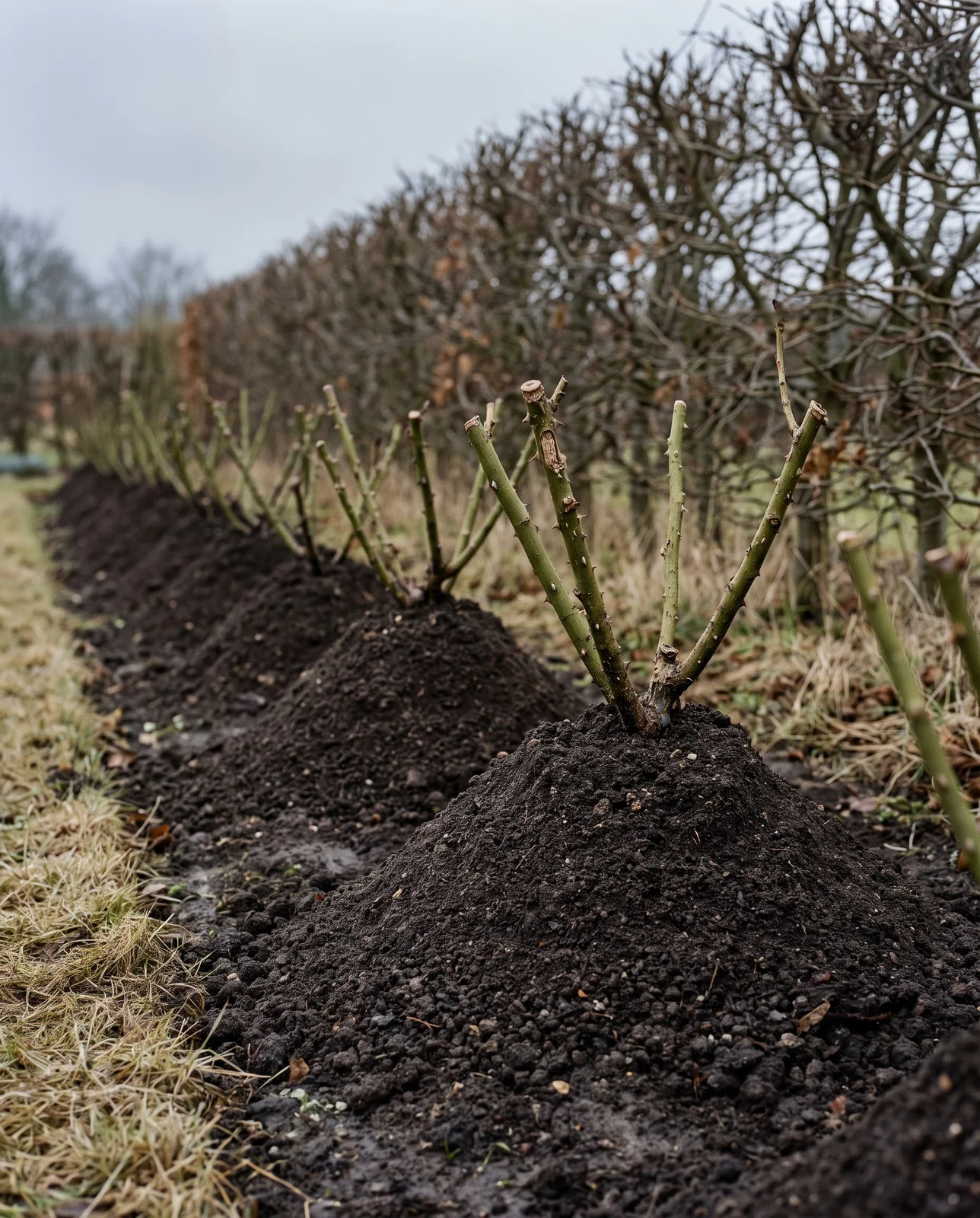 Hybrid tea rose row mounded with dark compost for winter protection.
