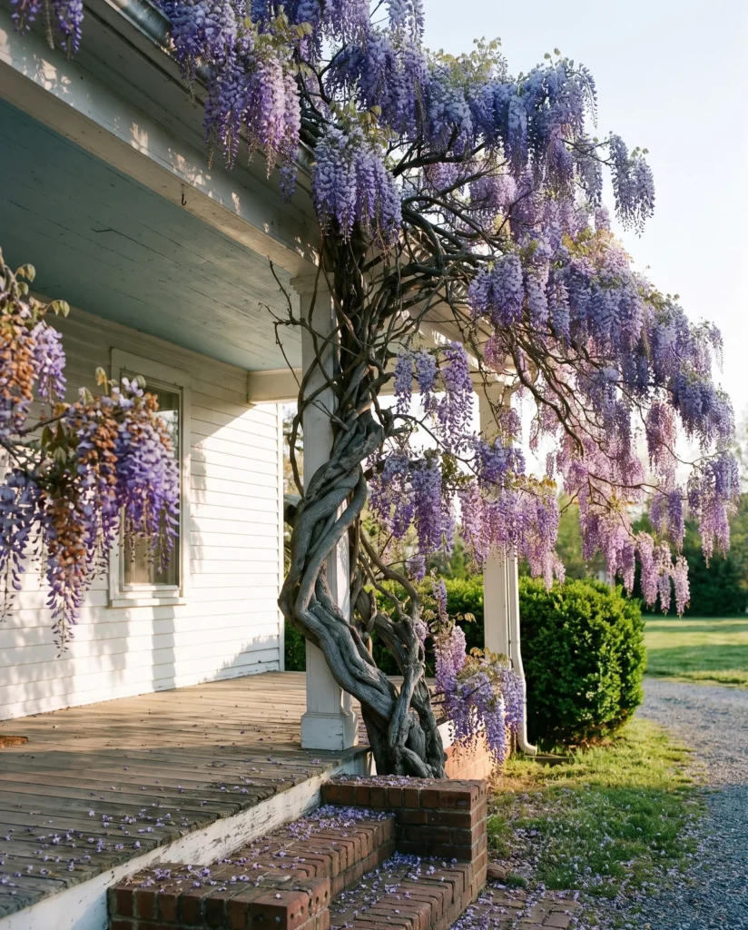 Old Chinese wisteria in full violet bloom draped over a white farmhouse porch in morning light