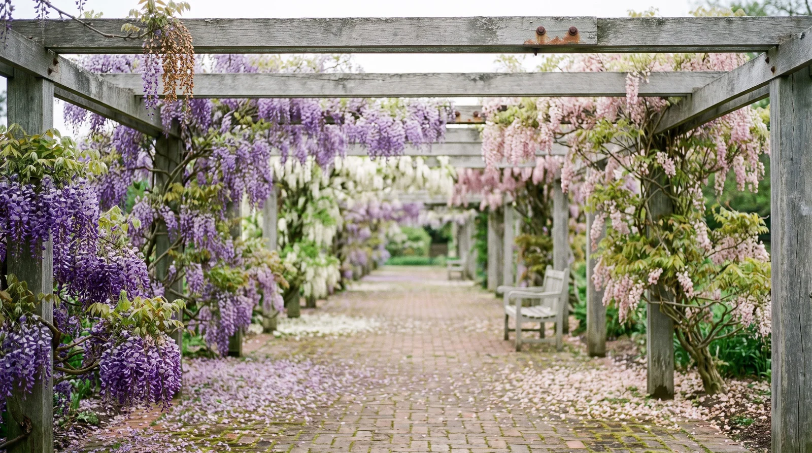 Wide view of a long pergola with wisteria in lilac, violet, white and pink racemes hanging side by side