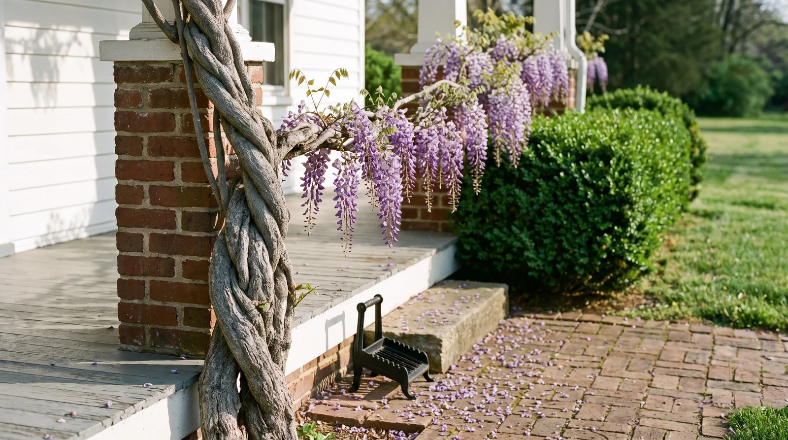 Wide view of an ancient wisteria trunk twisted like rope climbing a historic house porch in bloom