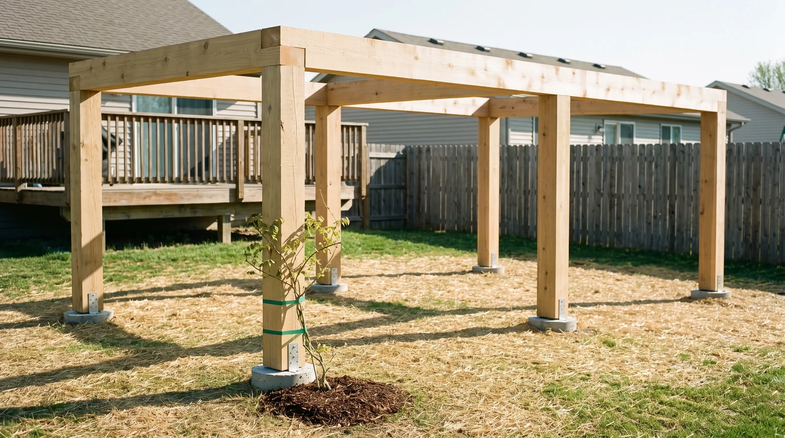 A sturdy new cedar pergola with heavy posts and a young wisteria tied to one post in spring