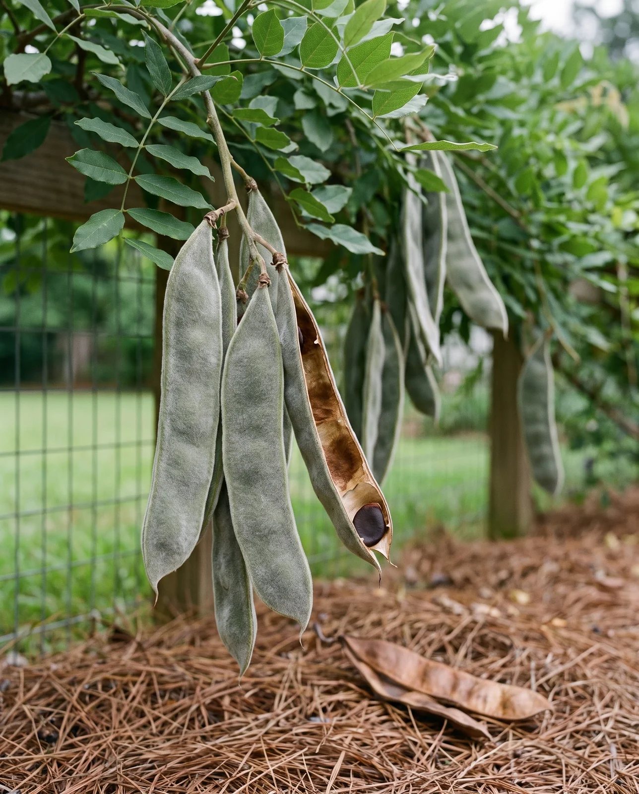 Velvety green wisteria seed pods hanging from a vine in late summer among leaves