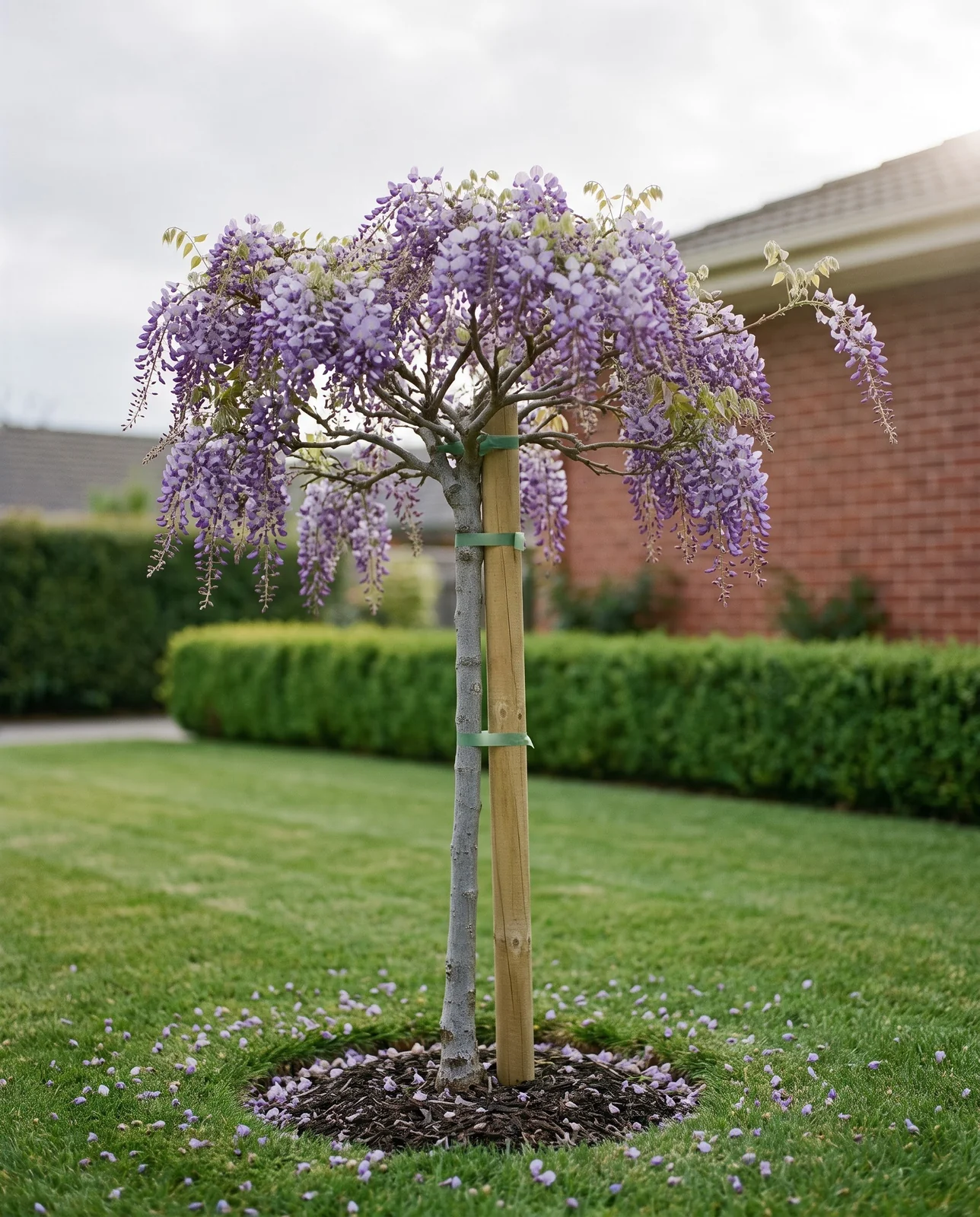 A wisteria trained as a small standard tree with a single trunk and a rounded head of racemes on a lawn
