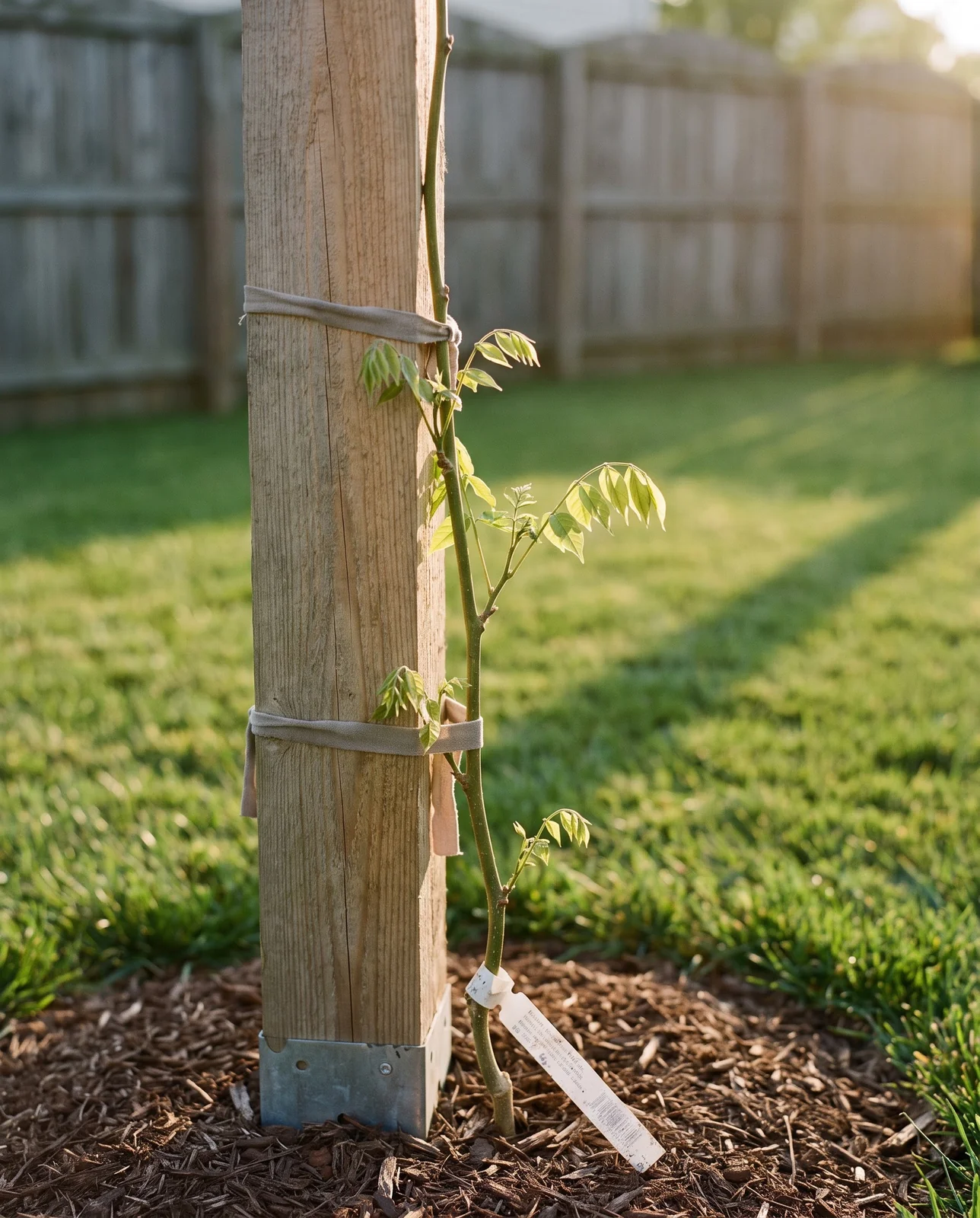 A young wisteria in its second year with a single trained leader on a pergola post and a few leaves