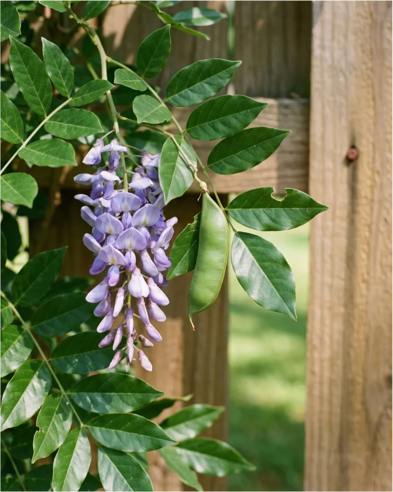American wisteria short dense lilac raceme beside glossy leaves and a smooth green seed pod