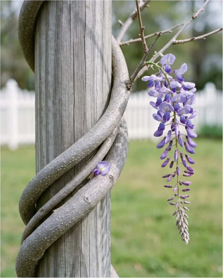 Chinese wisteria stem twining counterclockwise up a post with racemes open on bare wood