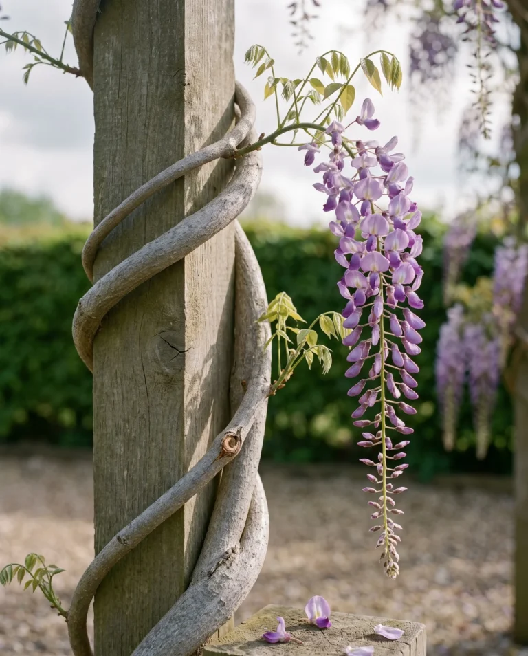 Japanese wisteria stem twining clockwise on a post with a long raceme opening top-down among leaves