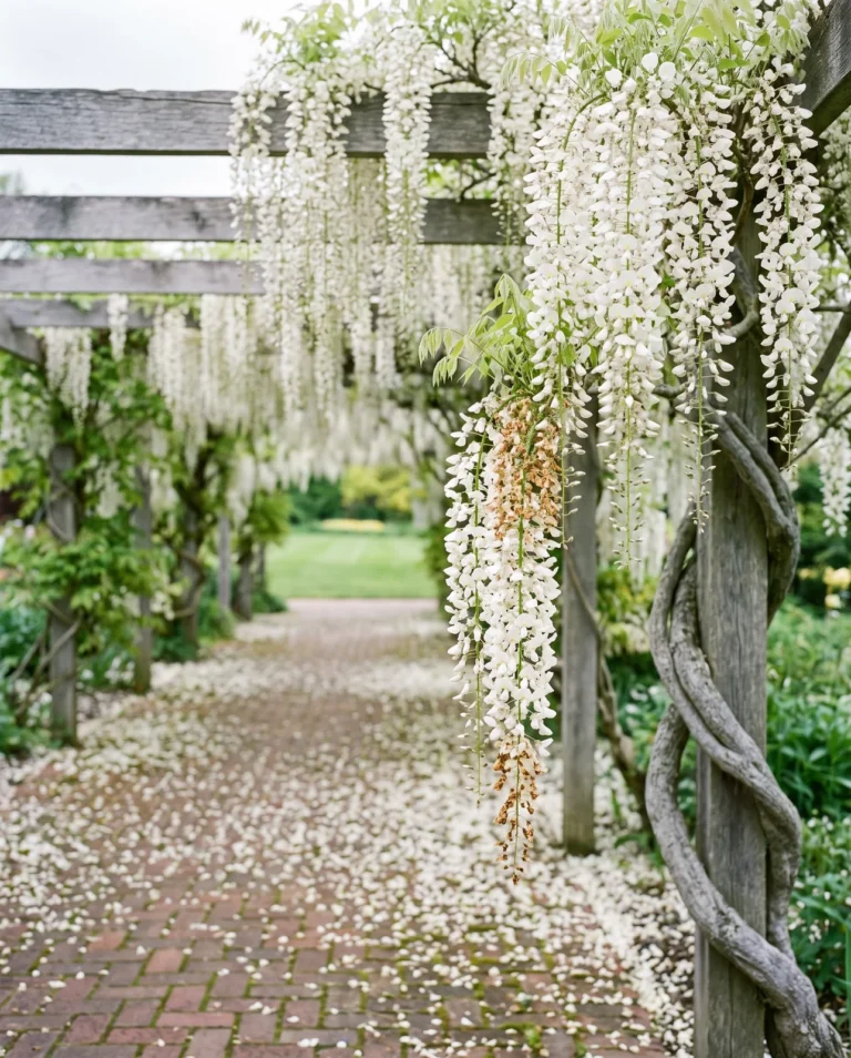 White Japanese wisteria Alba with long white racemes on a pergola walk in bright overcast light