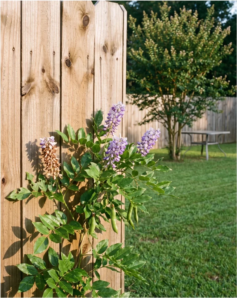 American wisteria with compact lilac-blue racemes and glossy leaves on a wooden fence in June