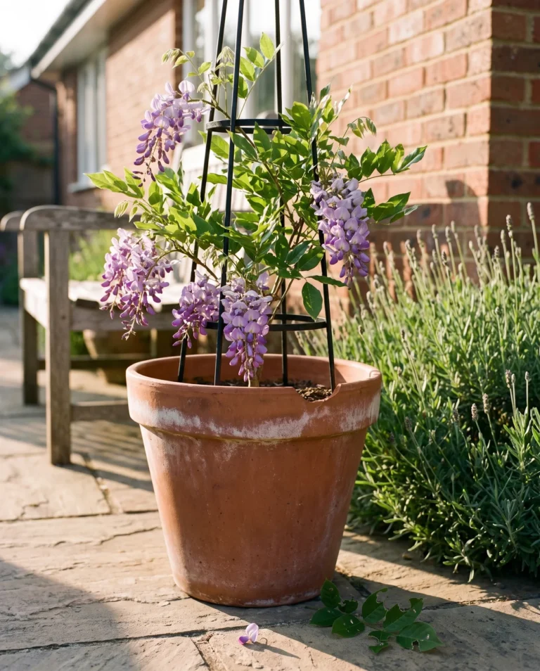 Compact American wisteria Amethyst Falls blooming on a patio obelisk in a large terracotta pot