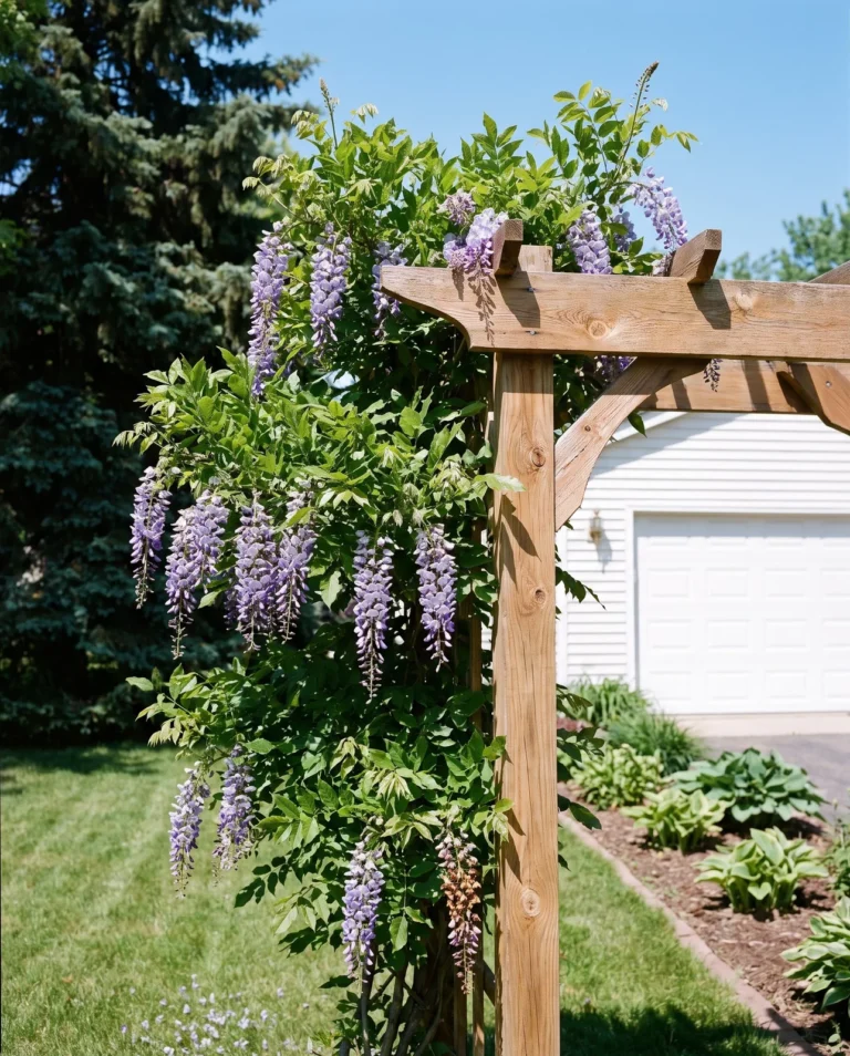 Kentucky wisteria Blue Moon with lilac-blue racemes on a sturdy arbor in a cold-climate garden