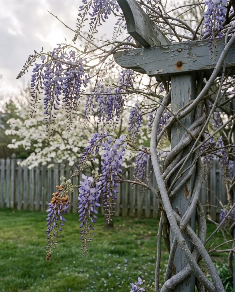 Chinese wisteria with violet-blue racemes opening on bare wood over a garden arbor in April