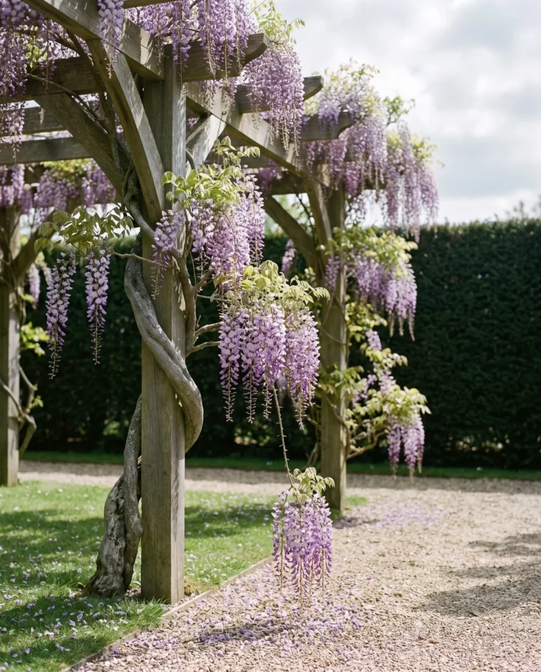 Japanese wisteria with very long lilac racemes hanging among leaves from a tall pergola in May